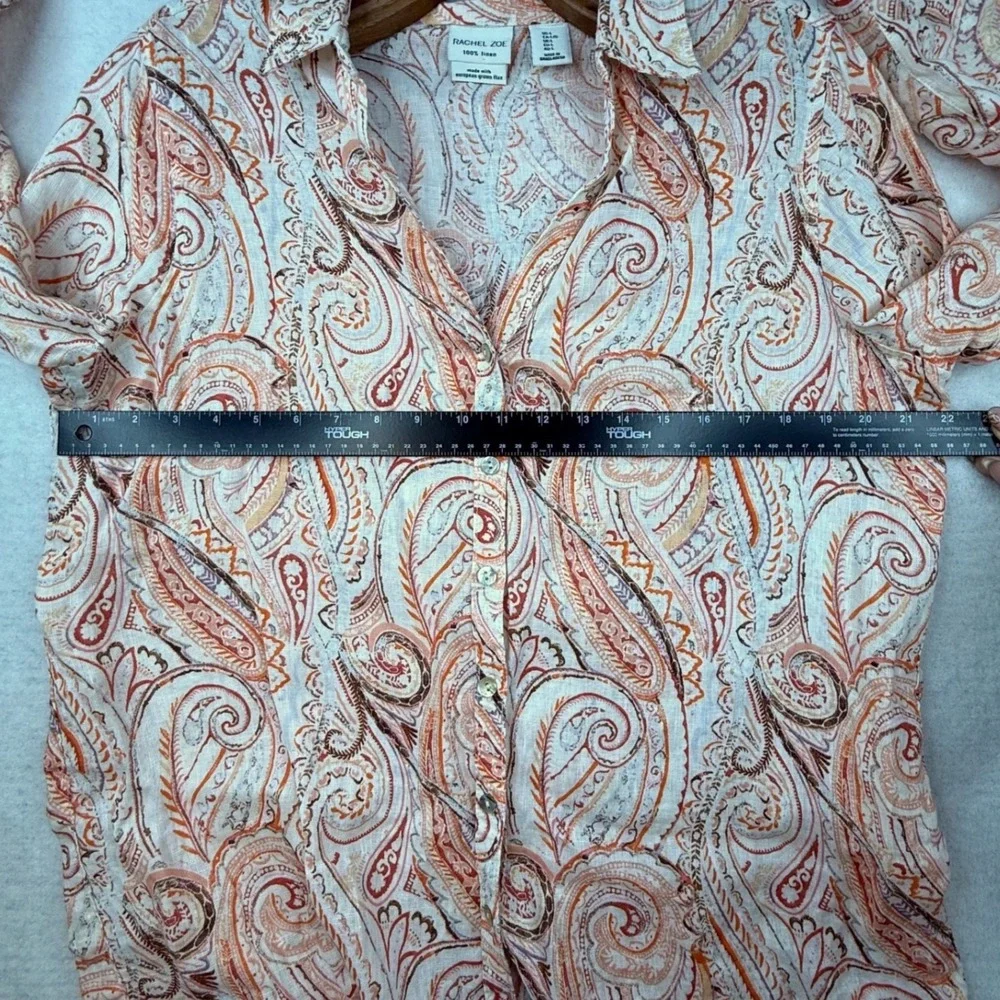 Rachel Zoe Womens Orange Paisley 100% Linen Shirt L European 70s style earthy - Picture 5 of 8